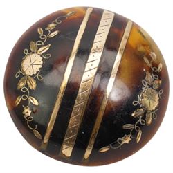 19th century tortoiseshell and pique work circular brooch and a black silk mourning band, with 9ct gold white enamel and diamond initial 'E' slide 