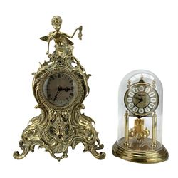 Ornate gilt metal quartz movement mantle clock and a mid 20th Century Kundo quartz movement pillar clock, under a dome (2)