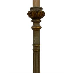Italian design green painted and parcel gilt standard lamp, four branch fitting over fluted column, three splayed and scroll carved feet