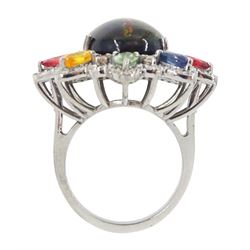 Large silver cabochon galaxy opal, multicoloured sapphire and diamond dress ring, opal approx 8.20 carat, total sapphire weight approx 2.85 carat, total diamond weight approx 1.00 carat