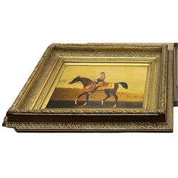 After George Stubbs (British 1724-1806): Gentleman on Horseback, textured print unsigned in heavy gilt frame 15cm x 25cm