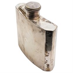 Engine turned silver spirit hip flask of concave outline 3/4 gill 9cm x 8cm  Birmingham 1934 Maker Henry Clifford Davis retailed by Ogdens of Harrogate and London  