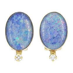 Pair of 9ct gold opal triplet and round brilliant cut diamond clip earrings, total diamond weight approx 0.20 carat