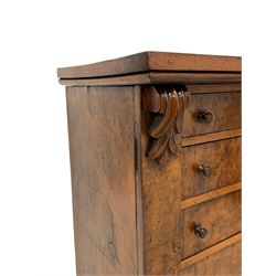 Victorian burr walnut Wellington chest, rectangular top with book-matched veneers, two hinged uprights with scrolled foliage carved brackets enclosing seven graduating drawers, on plinth base 