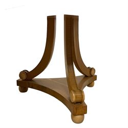 Contemporary Regency design oak and maple extending dining table - two D-ends with maple cross banding, on three curved pillar supports decorated with turned roundels, concaved triangular platform on turned bun feet, with additional leaf