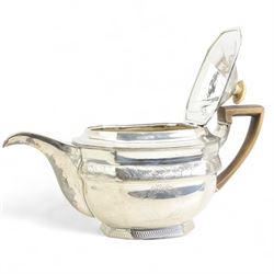 George III silver rectangular teapot engraved with a band of flowers and monogram with ivory lift and stained wood handle Newcastle 1805 Maker Ann Robertson