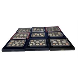 Nine United Kingdom proof coin collections, dated 2000, 2001, 2002, 2003, 2004, 2005, 2006, 2007 and 2008, all in plastic cases with card display box and certificate