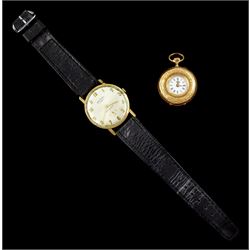 Early 20th century 14ct gold keyless cylinder ladies fob watch, hallmarked and a Rotary gentleman's 9ct gold manual wind wristwatch, Birmingham 1965, on black leather strap