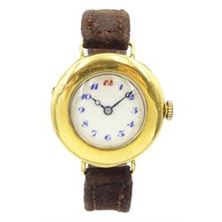 Early 20th century 18ct gold manual wind presentation wristwatch, cream dial with Arabic numerals, case by 	Stauffer, Son & Co, Glasgow import mark 1919, on brown leather strap, with rose gold buckle, stamped 9ct