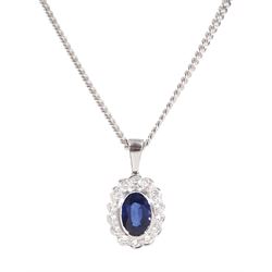 18ct white gold oval cut sapphire and round brilliant cut diamond pendant on chain, hallmarked London, total diamond weight approx 0.15 carat