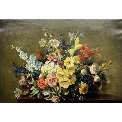 Richard Hanson AKA Stuart Scott Somerville (British 1908-1983): Still Life of Flowers on a Ledge, oil on canvas signed and indistinctly dated 45cm x 66cm