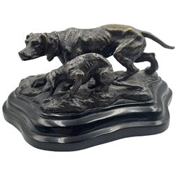 After Barye- Bronze study of two hunting dogs on marble base W22cm