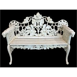 Coalbrookdale design - early 20th century cast iron oak leaf and acorn bench, white painted cast iron frame with slatted wooden seat, the pierced and shaped back decorated with scrolling oak branches and leafage, flanked by dog mask arm terminals over cabriole supports with paw feet 