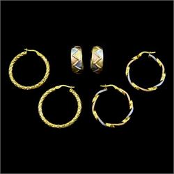 Two pairs of gold tri-coloured hoop earrings and one other pair of gold hoop earrings, all 9ct