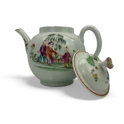 18th century Worcester porcelain teapot, of globular form hand painted in polychrome enamels with Chinese figures in a garden setting, the cover with flower knop handle and loop and dot border, H17cm