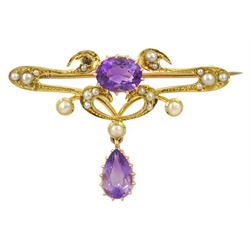Art Nouveau gold oval and pear shaped amethyst and split pearl brooch, stamped 15ct