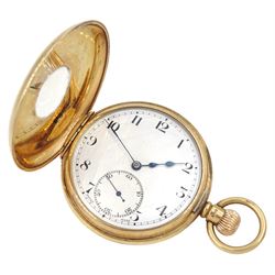 Edwardian 9ct gold half hunter keyless lever pocket watch, white enamel dial with Arabic numerals and subsidiary seconds dial, back case monogrammed, case by Dennison, Birmingham 1902