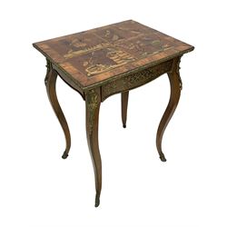 In the manner of Émile Gallé - late 19th to early 20th century inlaid walnut side table, rectangular top inlaid with Japonisme decoration depicting birds within trees, figured crossbanding and cast gilt foliate applied edge, single frieze drawer inlaid with scrolling brass work, on cabriole supports with ornate floral mounts