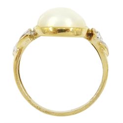 9ct gold three stone oval mabe pearl and round brilliant cut diamond ring, with Celtic design shoulders, London 1999