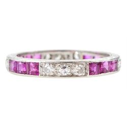 Platinum channel set, calibre cut ruby and diamond full eternity ring