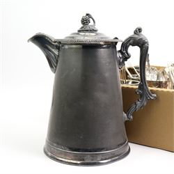 Large Victorian double walled pewter water jug, retailed by the Wenham Ice Lake CO., together with a collection of pewter and silver plated tankards, silver plated cutlery and other items