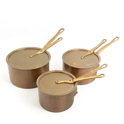 Three graduated copper pans, stamped Helvetia, with covers, largest D21cm 