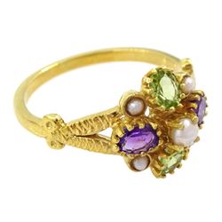 Silver-gilt peridot, amethyst and pearl ring, stamped Sil