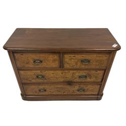 Late Victorian walnut chest, rectangular stained pine top with moulded edge, fitted with two figured walnut short over two long drawers, with stepped chamfer facias, skirted base
