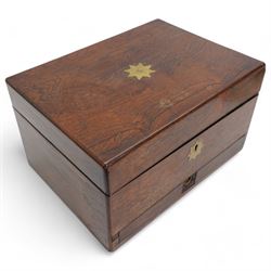 Victorian rosewood and brass inlaid ladies' vanity box, having a velvet lined interior lid and partly fitted interior, L31cmx H18cm, together with two loose samplers (3)