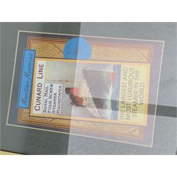 Framed coin sts, Cunard wall shield, framed prints etc 
