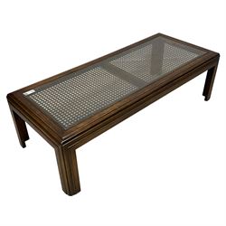 Hardwood framed coffee table, rectangular form with cane top and inset glass, on moulded supports 