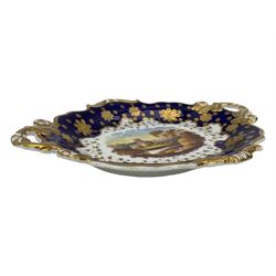 Early 19th century Ridgway twin handled oval dish, hand painted with figures in a river landscape, within a cobalt blue and moulded border, L30cm together with a similar twin handled serving dish, L28cm (2)