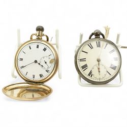 Victorian silver pocket watch key wound lever pocket watch, cream dial with Roman numerals and subsidiary seconds dial, case by John Hammon, London 1861, gold-plated keyless lever pocket watch, marcasite lorgnette watch, gilt bangle, silver bangle, coin and a pair of stone set stud earrings 