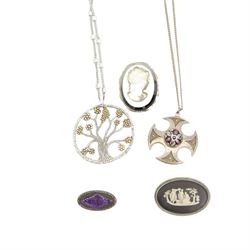 Caithness glass and silver Celtic cross pendant on chain, hallmarked Edinburgh 1971, Wedgwood black Jasperware brooch, purple guilloche enamel brooch, cameo brooch and a pendant necklace 