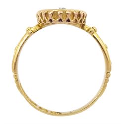 Victorian 18ct gold old cut diamond oval ring, with beaded shoulders, hallmarked