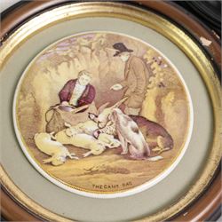 Collection of Victorian Pratt ware and other pot lids including 'Embarking for the East', 'The Snow Drift', 'Garibaldi', The Game Bag', 'The Enthusiast' and others, framed (13)