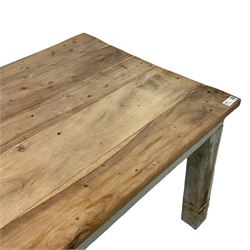 Painted hardwood farmhouse kitchen dining table, rectangular top on painted base, on square supports, bound with metal strappings 