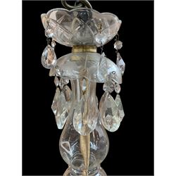 Italian style eight branch glass chandelier, with baluster stem, eight barley twist scroll arms interspersed by seven clear blown glass leaves, petal edged drip pans and hung with faceted glass bead swags and drops, H94cm x W85cm approx.