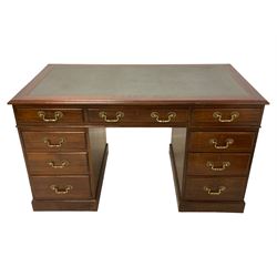 Late 19th century mahogany twin pedestal desk, moulded rectangular top with inset leather, fitted with nine drawers, on plinth base