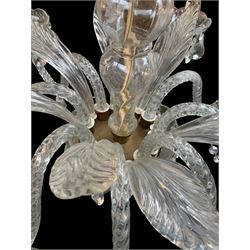 Italian style eight branch glass chandelier, with baluster stem, eight barley twist scroll arms interspersed by seven clear blown glass leaves, petal edged drip pans and hung with faceted glass bead swags and drops, H94cm x W85cm approx.