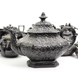 Early 19th century and later black basalt tea wares and similar stoneware, mostly with relief or engine-turned bodies, including a Verreville Pottery moulded teapot with Princess Royal backstamp, bachelors teapots, sugar bowls, jugs etc in one box