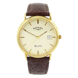 Rotary Elite gentleman's 18ct gold quartz wristwatch, hallmarked, on brown leather strap, boxed