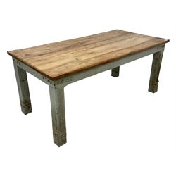 Painted hardwood farmhouse kitchen dining table, rectangular top on painted base, on square supports, bound with metal strappings 