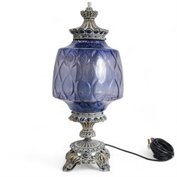 Vintage pierced brass table lamp in the form of an oil lamp, with blue glass shade, H64cm 