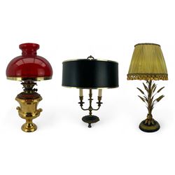 Italian mid century wheatsheaf design gilt and lacquer table lamp, on circular base with shade, H74cm overall, a three branch table lamp modelled as a candelabra, and one other table lamp (3)