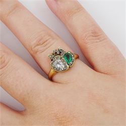 Victorian 18ct gold old pear cut diamond and pear cut emerald double heart ring, with rose cut diamond surround and ribbon bow, emerald approx 0.20 carat, pear cut diamond weight approx 0.25 carat