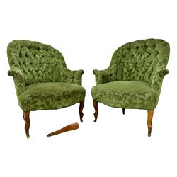 Pair of 20th century mahogany framed tub armchairs, upholstered in buttoned green damask fabric, on cabriole supports with brass castors