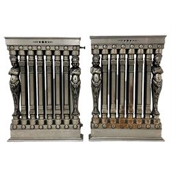 Pair of late 19th century Continental polished cast iron architectural single column Ventilo radiators, probably Belgian, the entablature tops above six rectangular pilaster columns flanked by crowed putto caryatid draped terms, the figures with crossed arms wearing helmets, the tapering foliate lower sections with monopodium lions paw feet, raised on corresponding rectangular plinth bases