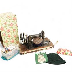 Collection of items, including Frister & Rossmann cased sewing machine, pin cushion box with fitted interior containing a small collection of studs and costume jewellery, Lorus watch, another wrist watch, stop watch, together with a collection of lace buttons, collection of matchbooks, quantity of stained bone tiddlywinks,