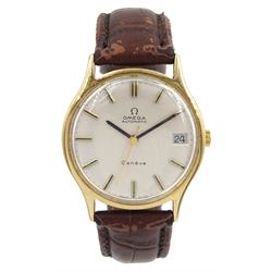 Omega Genève gentleman's 9ct gold automatic wristwatch. 23 jewels movement, silvered dial with date aperture, Ref. 1625422, London 1975, on tan leather strap with original gilt stainless steel buckle, boxed